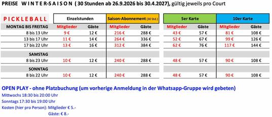 Preisliste Hallen-Pickleball 2026-27